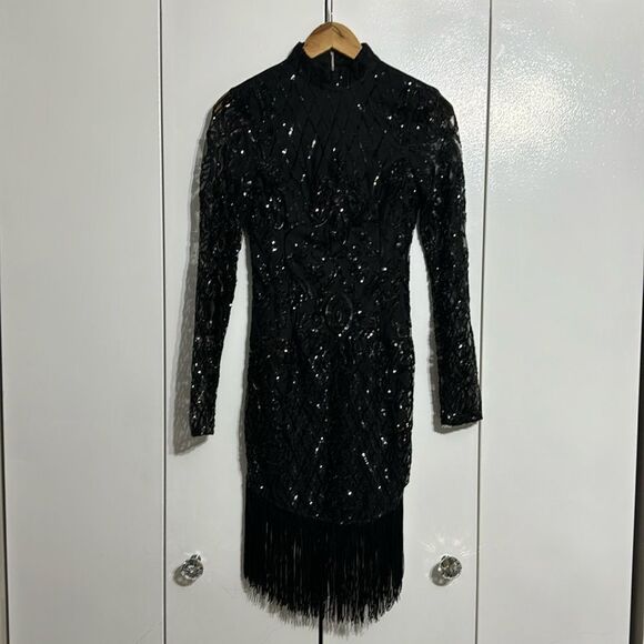 PrettyLittleThing Black Long Sleeve Sequin Tassel Hem Bodycon Dress Size 2 - Picture 7 of 8